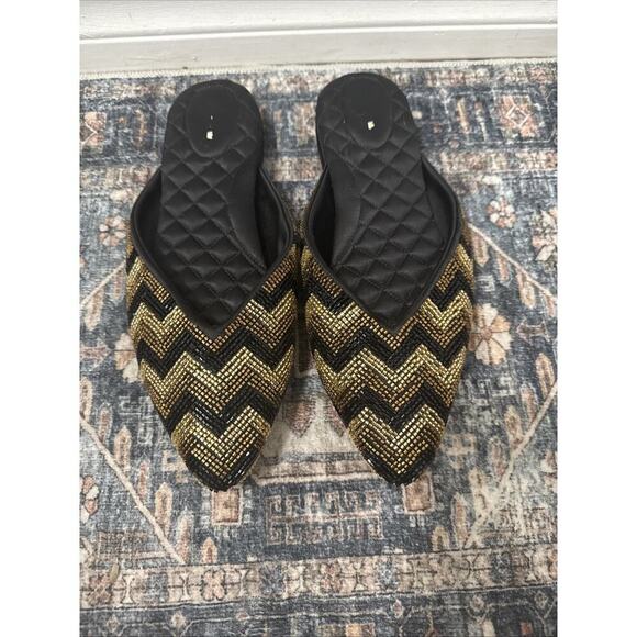 Birdies Beaded Swan Mule In Black And Gold Chevron Satin 8.5 - Picture 1 of 6